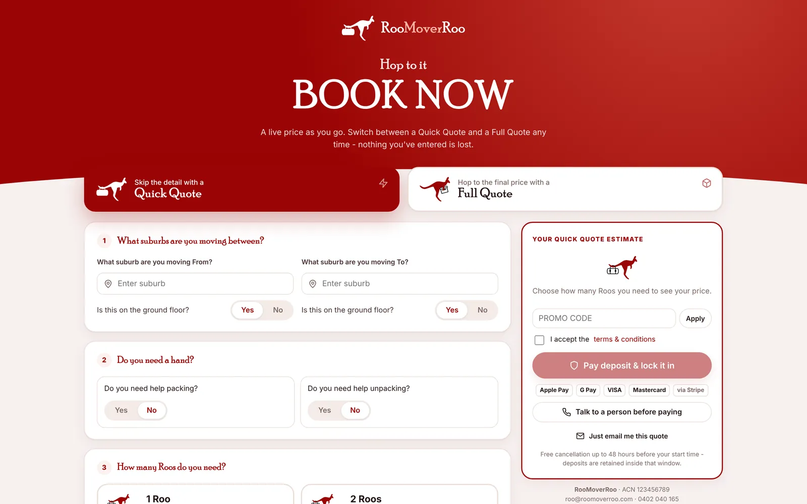 The booking form at /roo/book, as clients see it.