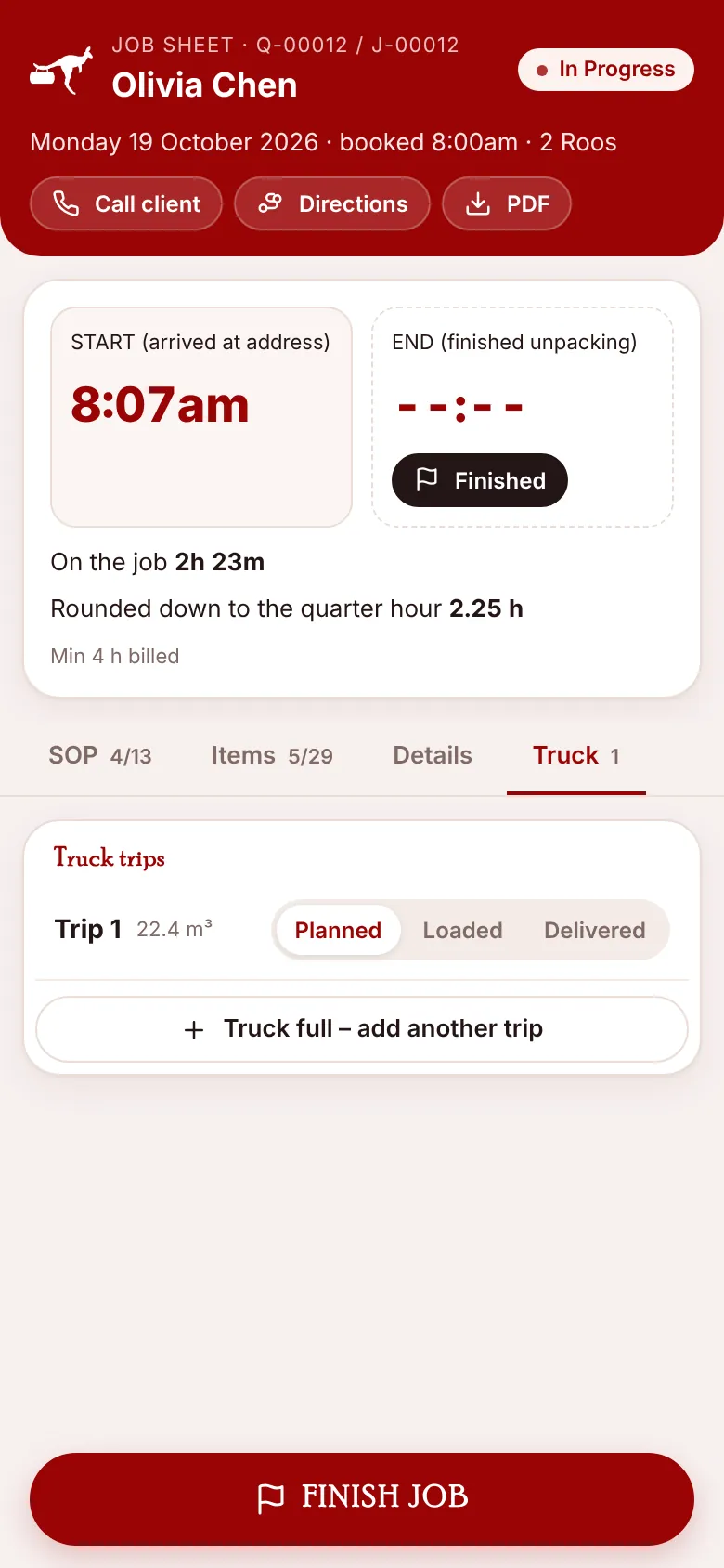 Truck trips, with the button for another trip