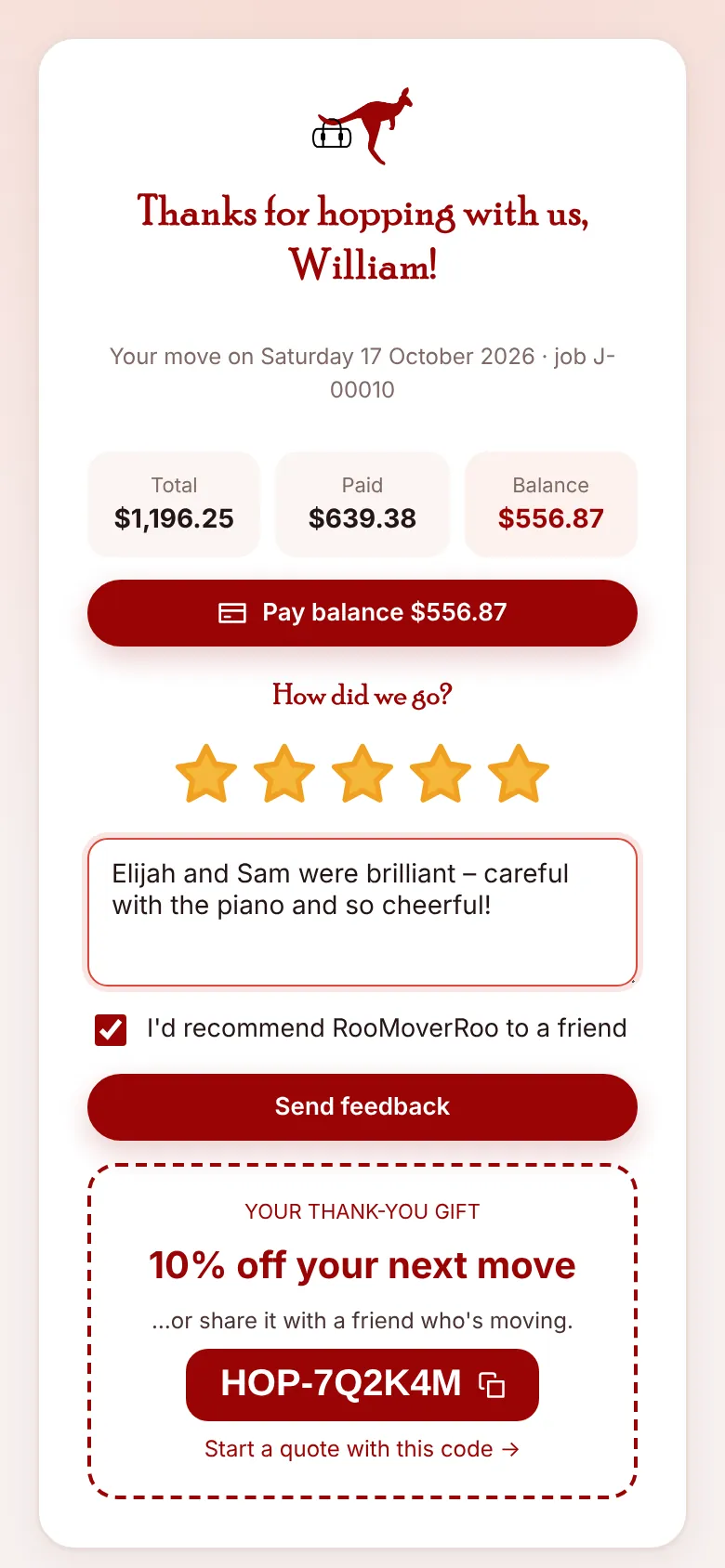 The client's feedback page with a balance to pay