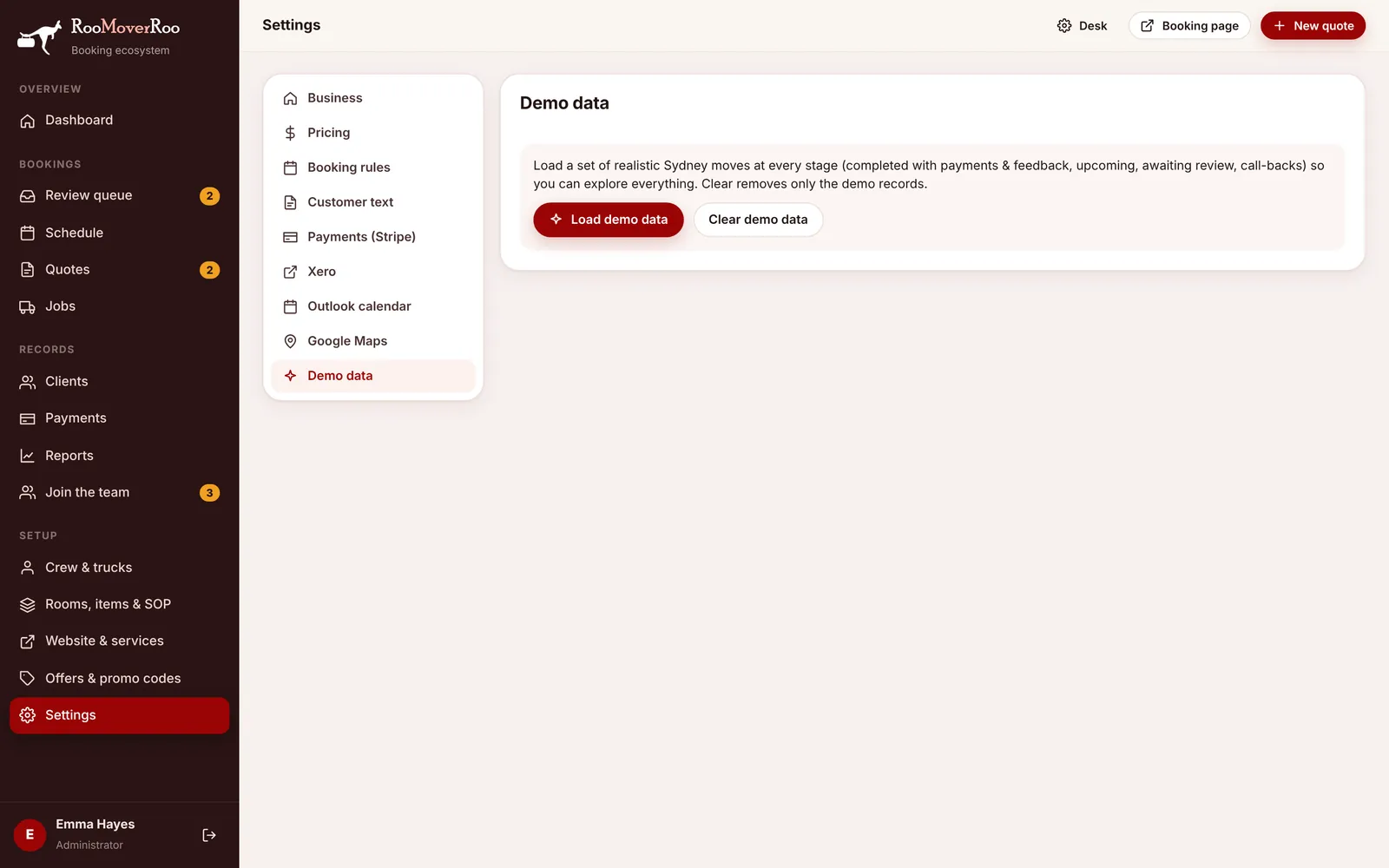 Settings, Demo data: load sample moves to explore, then clear them before going live